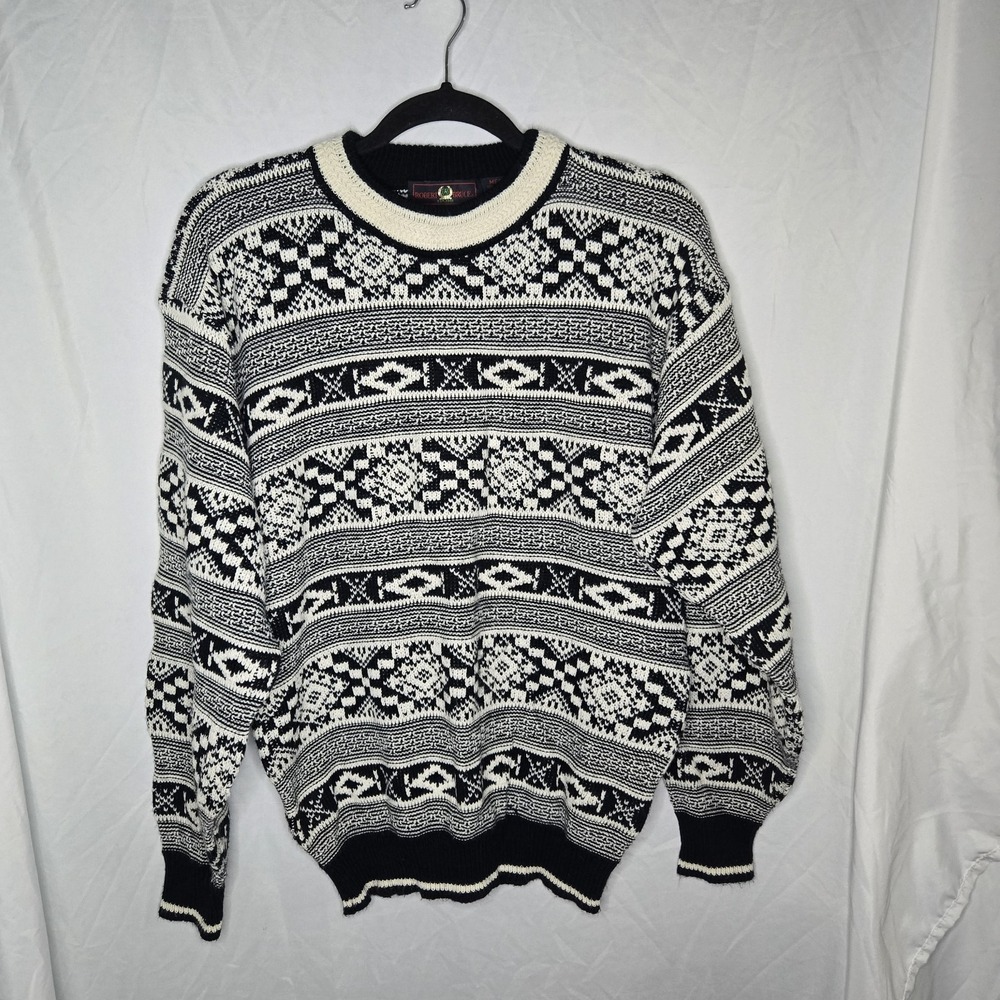 Vintage Robert Bruce Sweater‎ Men's Medium Black Cream Geometric Pullover TV Dad
